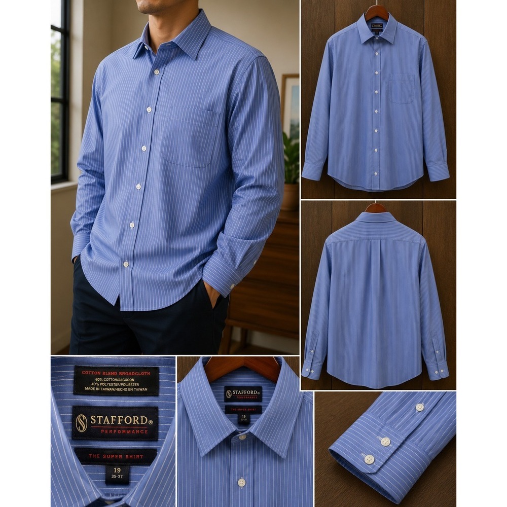 Stafford Performance The Super Shirt Men's 19 35/37 Blue Pinstripe Dress...